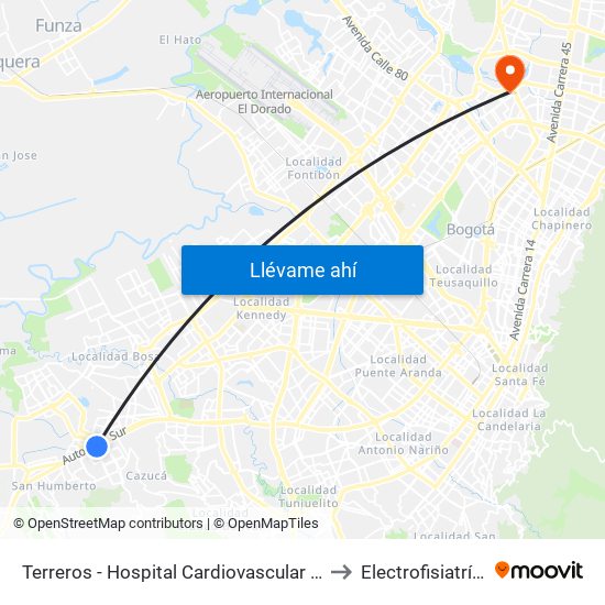 Terreros - Hospital Cardiovascular (Lado Sur) to Electrofisiatría Sas map