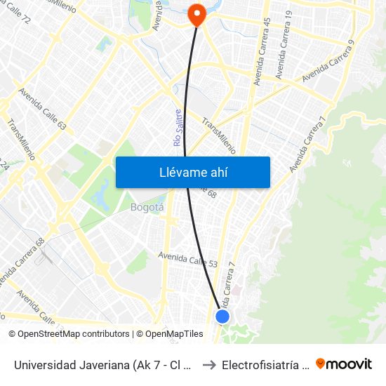 Universidad Javeriana (Ak 7 - Cl 40) (B) to Electrofisiatría Sas map