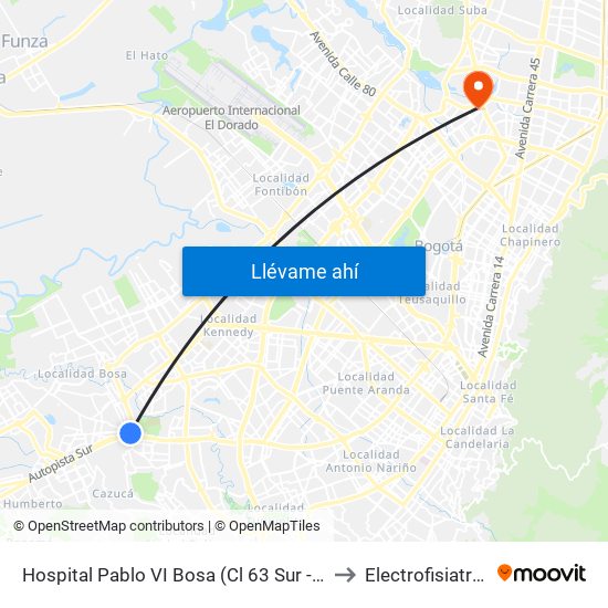 Hospital Pablo VI Bosa (Cl 63 Sur - Kr 77g) (A) to Electrofisiatría Sas map