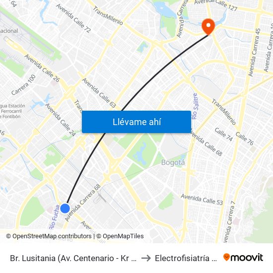 Br. Lusitania (Av. Centenario - Kr 68b) to Electrofisiatría Sas map