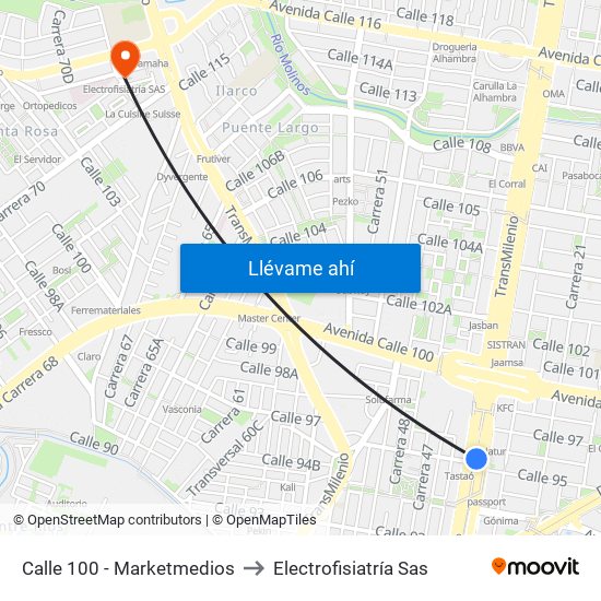 Calle 100 - Marketmedios to Electrofisiatría Sas map