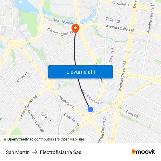 San Martín to Electrofisiatría Sas map