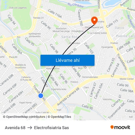 Avenida 68 to Electrofisiatría Sas map