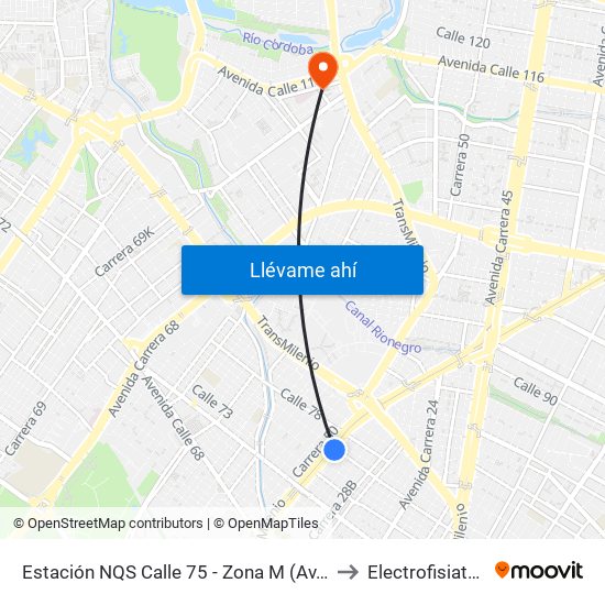 Estación NQS Calle 75 - Zona M (Av. NQS - Cl 75) to Electrofisiatría Sas map