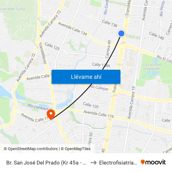 Br. San José Del Prado (Kr 45a - Cl 137) to Electrofisiatría Sas map