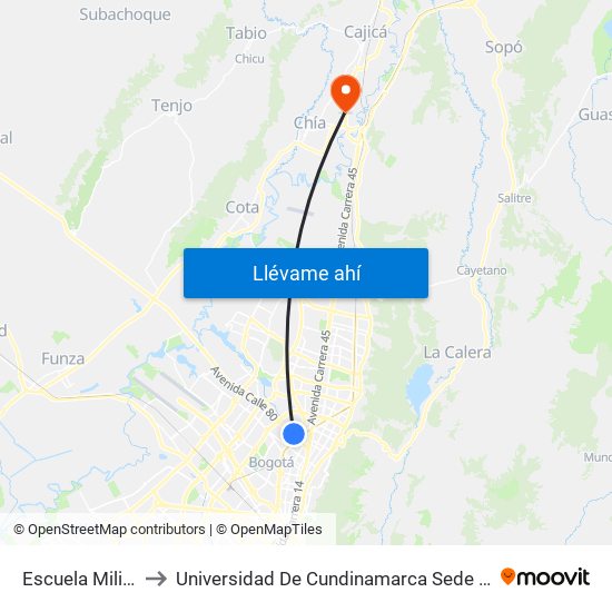 Escuela Militar to Universidad De Cundinamarca Sede Chía map