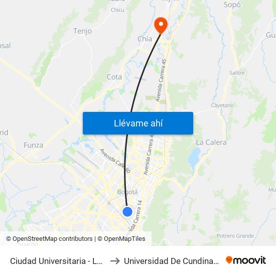 Ciudad Universitaria - Lotería De Bogotá to Universidad De Cundinamarca Sede Chía map