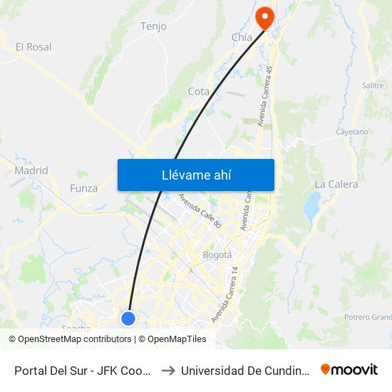 Portal Del Sur - JFK Cooperativa Financiera to Universidad De Cundinamarca Sede Chía map