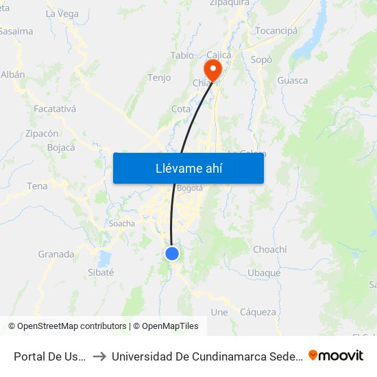 Portal De Usme to Universidad De Cundinamarca Sede Chía map