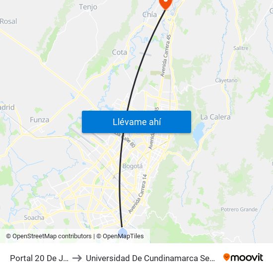 Portal 20 De Julio to Universidad De Cundinamarca Sede Chía map