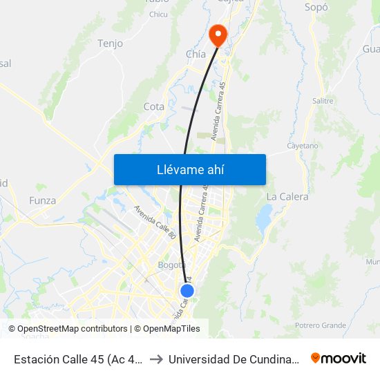 Estación Calle 45 (Ac 45 - Av. Caracas) to Universidad De Cundinamarca Sede Chía map