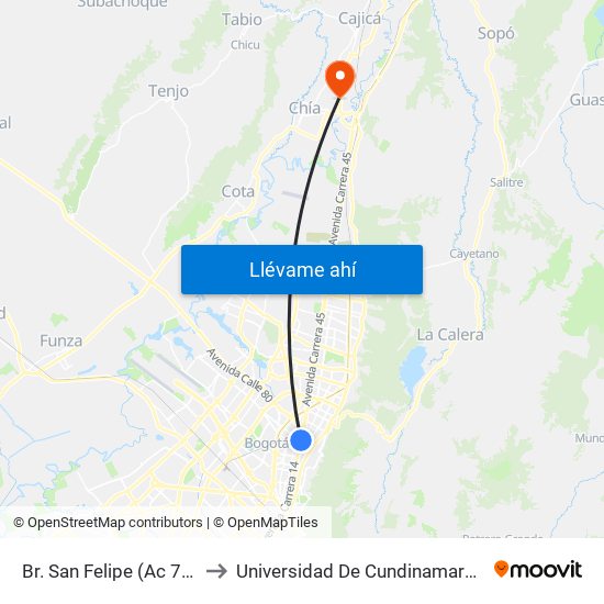 Br. San Felipe (Ac 72 - Kr 17) to Universidad De Cundinamarca Sede Chía map