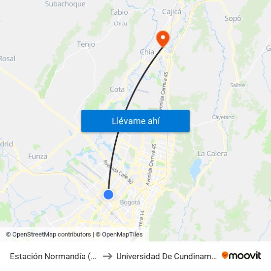 Estación Normandía (Ac 26 - Kr 74) to Universidad De Cundinamarca Sede Chía map