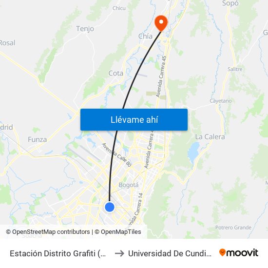 Estación Distrito Grafiti (Av. Américas - Kr 53a) to Universidad De Cundinamarca Sede Chía map