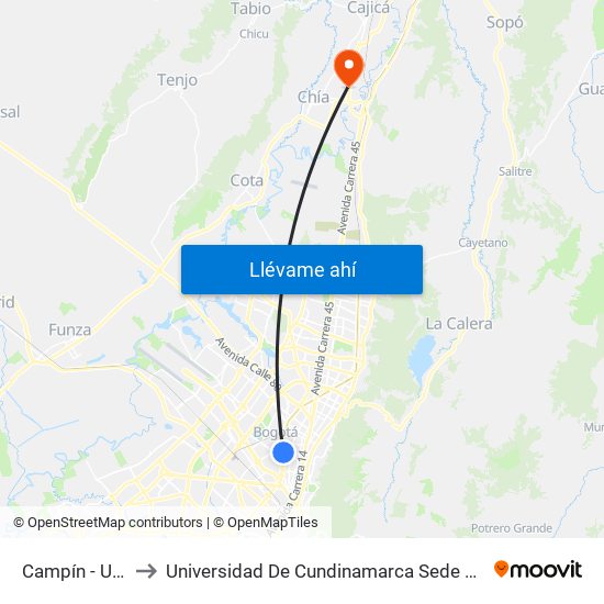 Campín - Uan to Universidad De Cundinamarca Sede Chía map