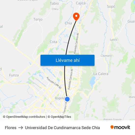 Flores to Universidad De Cundinamarca Sede Chía map