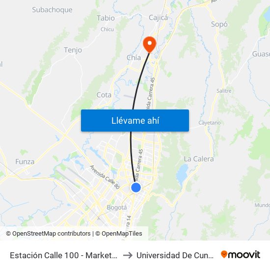 Estación Calle 100 - Marketmedios (Auto Norte - Cl 98) to Universidad De Cundinamarca Sede Chía map