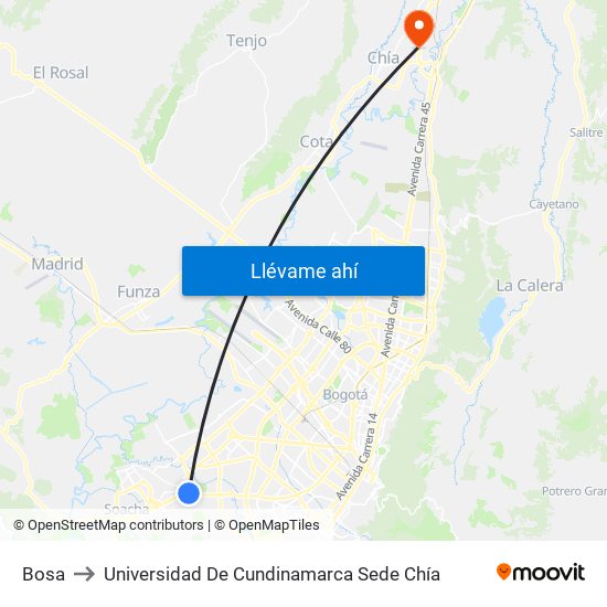 Bosa to Universidad De Cundinamarca Sede Chía map