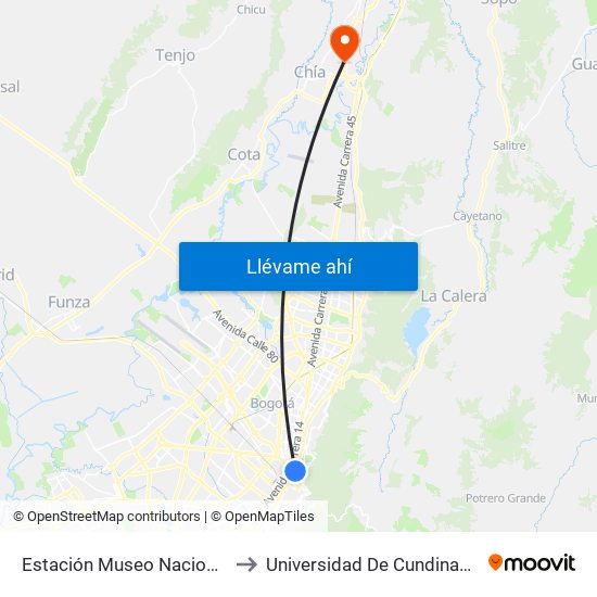 Estación Museo Nacional (Ak 7 - Cl 29) to Universidad De Cundinamarca Sede Chía map