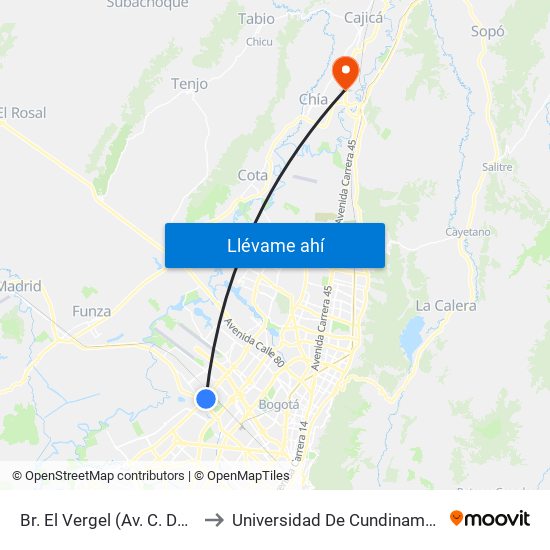 Br. El Vergel (Av. C. De Cali - Cl 18) to Universidad De Cundinamarca Sede Chía map