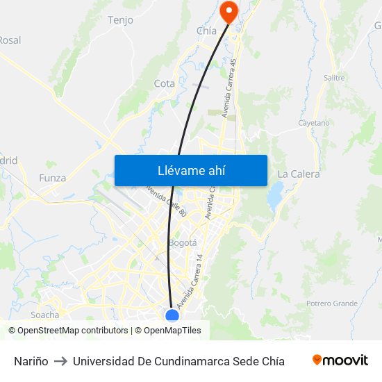 Nariño to Universidad De Cundinamarca Sede Chía map