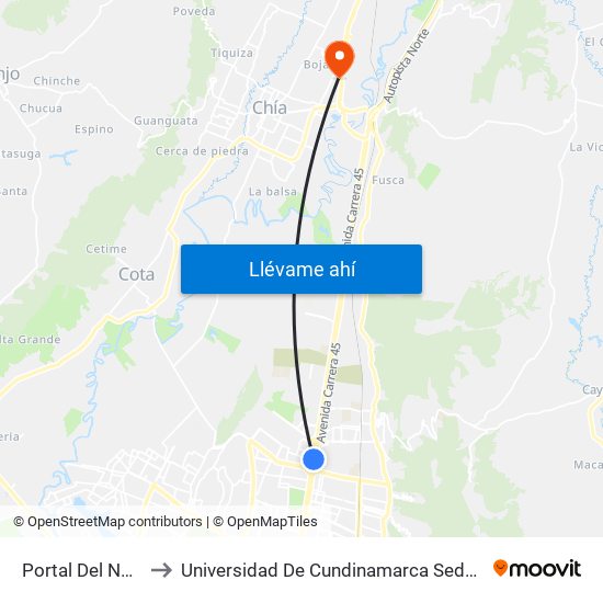 Portal Del Norte to Universidad De Cundinamarca Sede Chía map