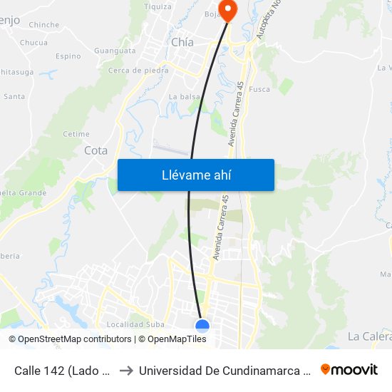 Calle 142 (Lado Norte) to Universidad De Cundinamarca Sede Chía map