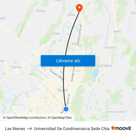 Las Nieves to Universidad De Cundinamarca Sede Chía map