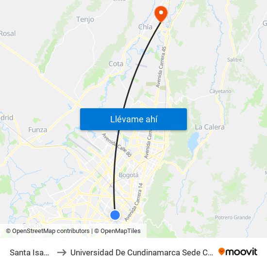 Santa Isabel to Universidad De Cundinamarca Sede Chía map