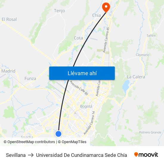 Sevillana to Universidad De Cundinamarca Sede Chía map