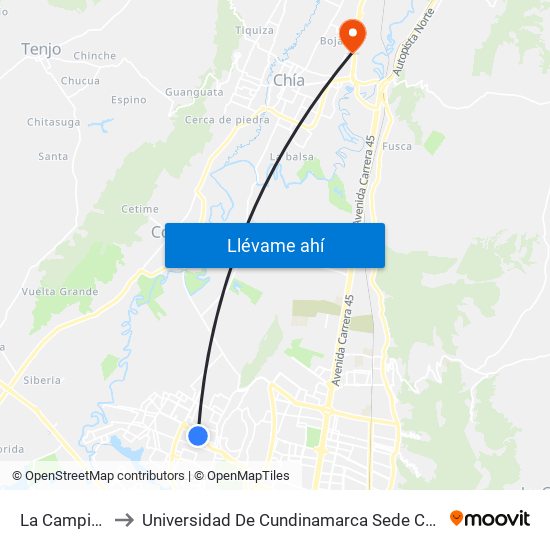 La Campiña to Universidad De Cundinamarca Sede Chía map