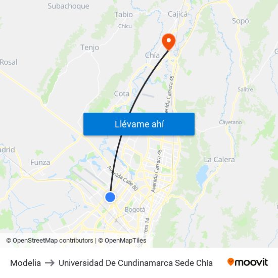 Modelia to Universidad De Cundinamarca Sede Chía map