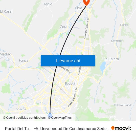 Portal Del Tunal to Universidad De Cundinamarca Sede Chía map