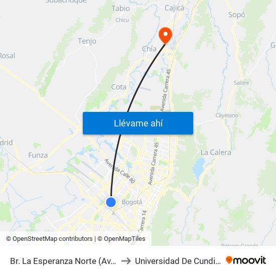 Br. La Esperanza Norte (Av. La Esperanza - Kr 69d) to Universidad De Cundinamarca Sede Chía map