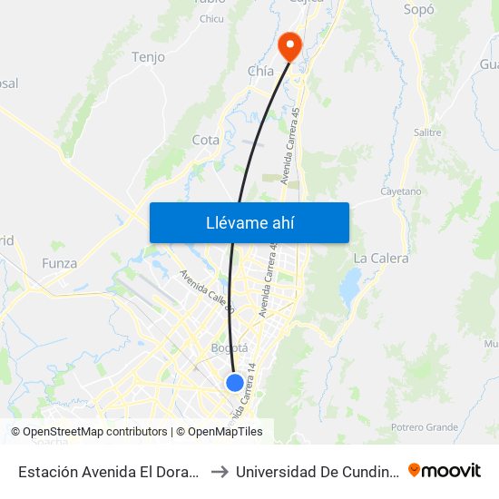 Estación Avenida El Dorado (Av. NQS - Cl 40a) to Universidad De Cundinamarca Sede Chía map