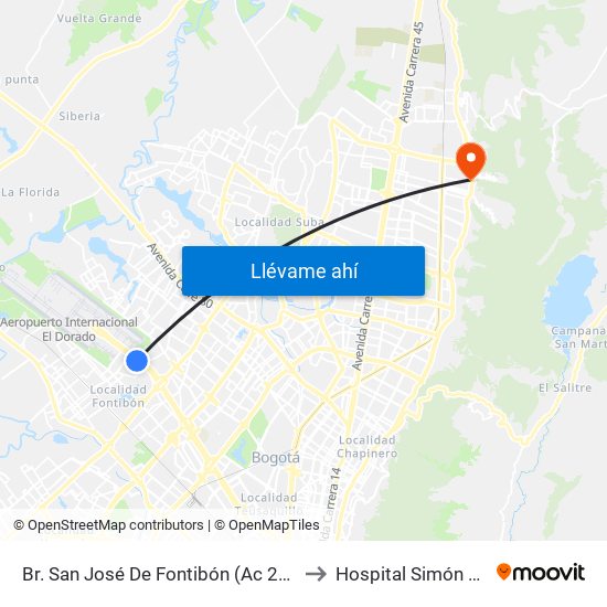 Br. San José De Fontibón (Ac 26 - Kr 96a) to Hospital Simón Bolívar map