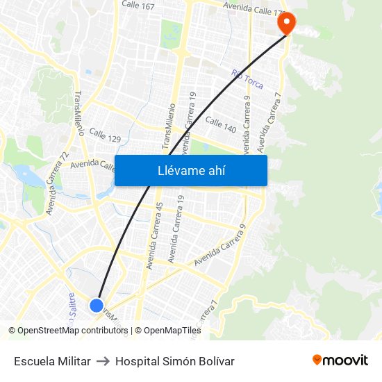 Escuela Militar to Hospital Simón Bolívar map