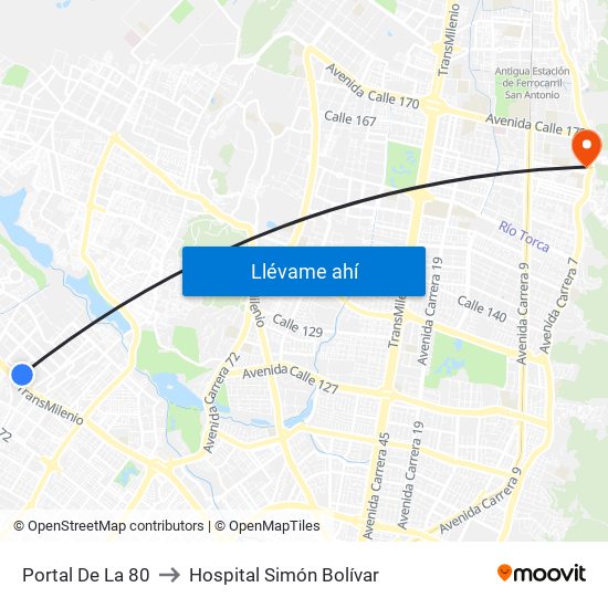 Portal De La 80 to Hospital Simón Bolívar map