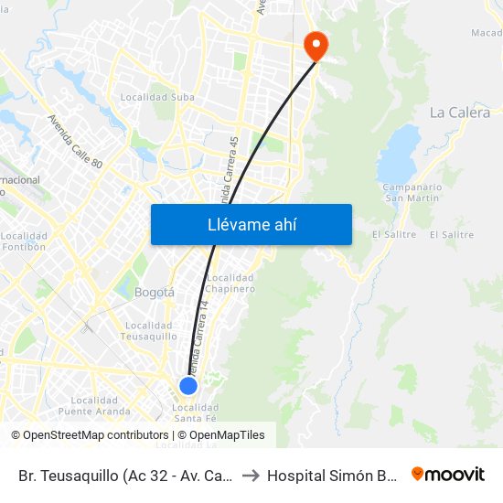 Br. Teusaquillo (Ac 32 - Av. Caracas) to Hospital Simón Bolívar map