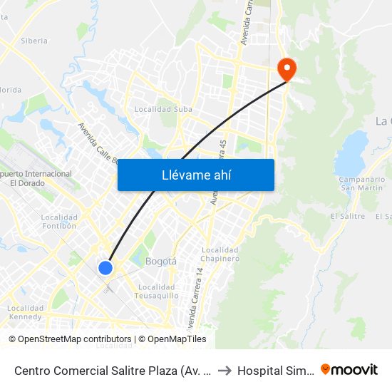 Centro Comercial Salitre Plaza (Av. La Esperanza - Kr 68b) to Hospital Simón Bolívar map