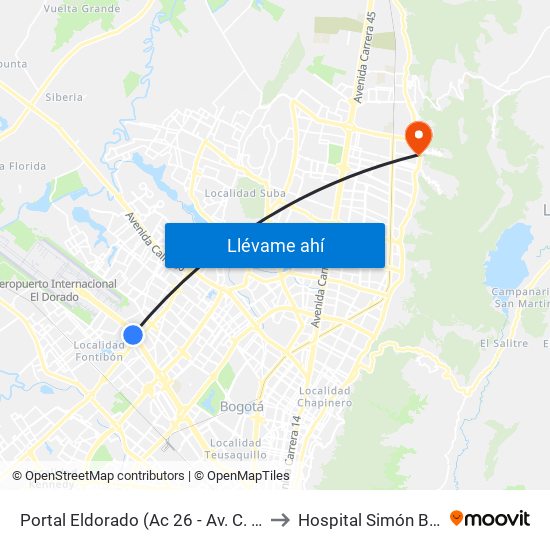Portal Eldorado (Ac 26 - Av. C. De Cali) to Hospital Simón Bolívar map