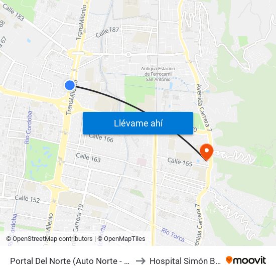 Portal Del Norte (Auto Norte - Cl 174a) to Hospital Simón Bolívar map