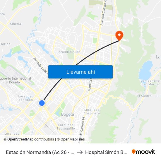 Estación Normandía (Ac 26 - Kr 74) to Hospital Simón Bolívar map