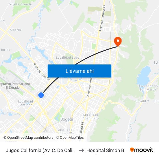 Jugos California (Av. C. De Cali - Ac 63) to Hospital Simón Bolívar map