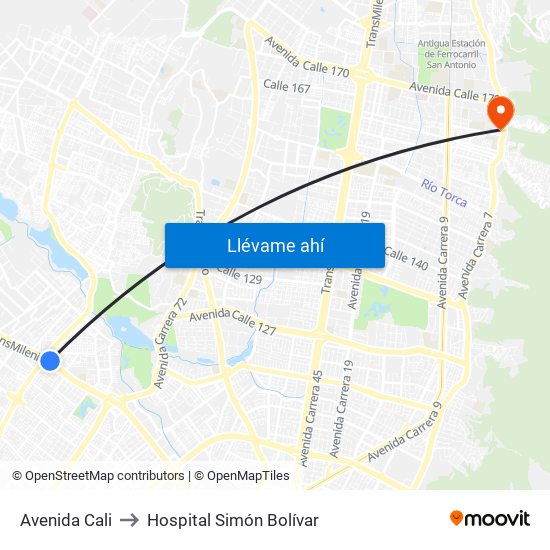 Avenida Cali to Hospital Simón Bolívar map