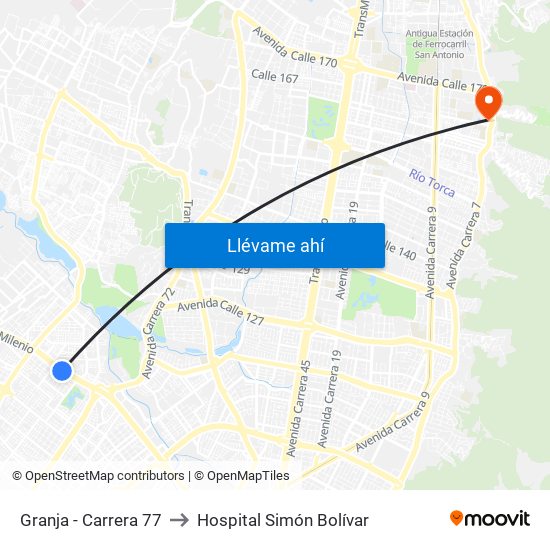 Granja - Carrera 77 to Hospital Simón Bolívar map