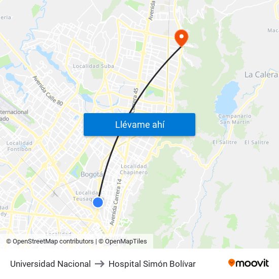 Universidad Nacional to Hospital Simón Bolívar map