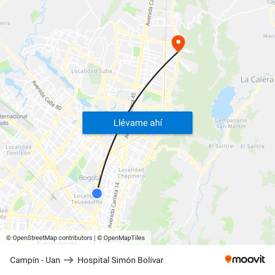 Campín - Uan to Hospital Simón Bolívar map