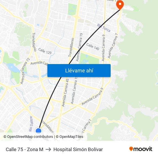 Calle 75 - Zona M to Hospital Simón Bolívar map