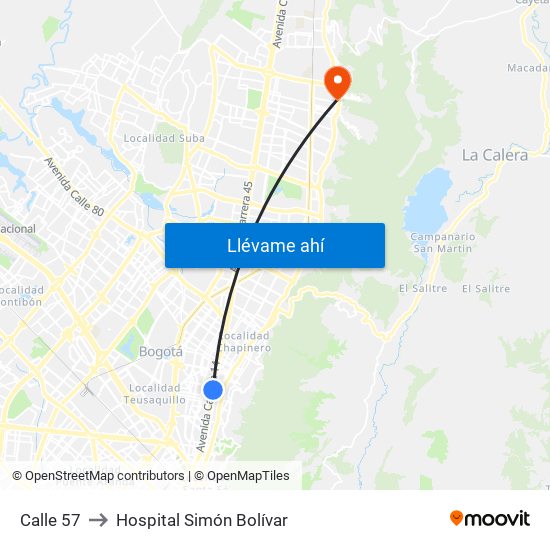 Calle 57 to Hospital Simón Bolívar map